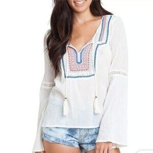 Billabong White Embroidered Bell Sleeve Shirt Peasant Tunic Blouse Boho Top